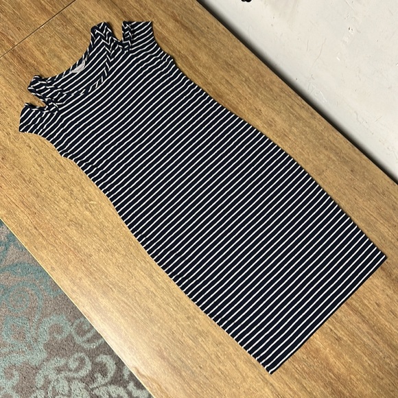 Athleta like new cold shoulder navy Heather grey stretchy soft knit midi dress - Picture 3 of 8